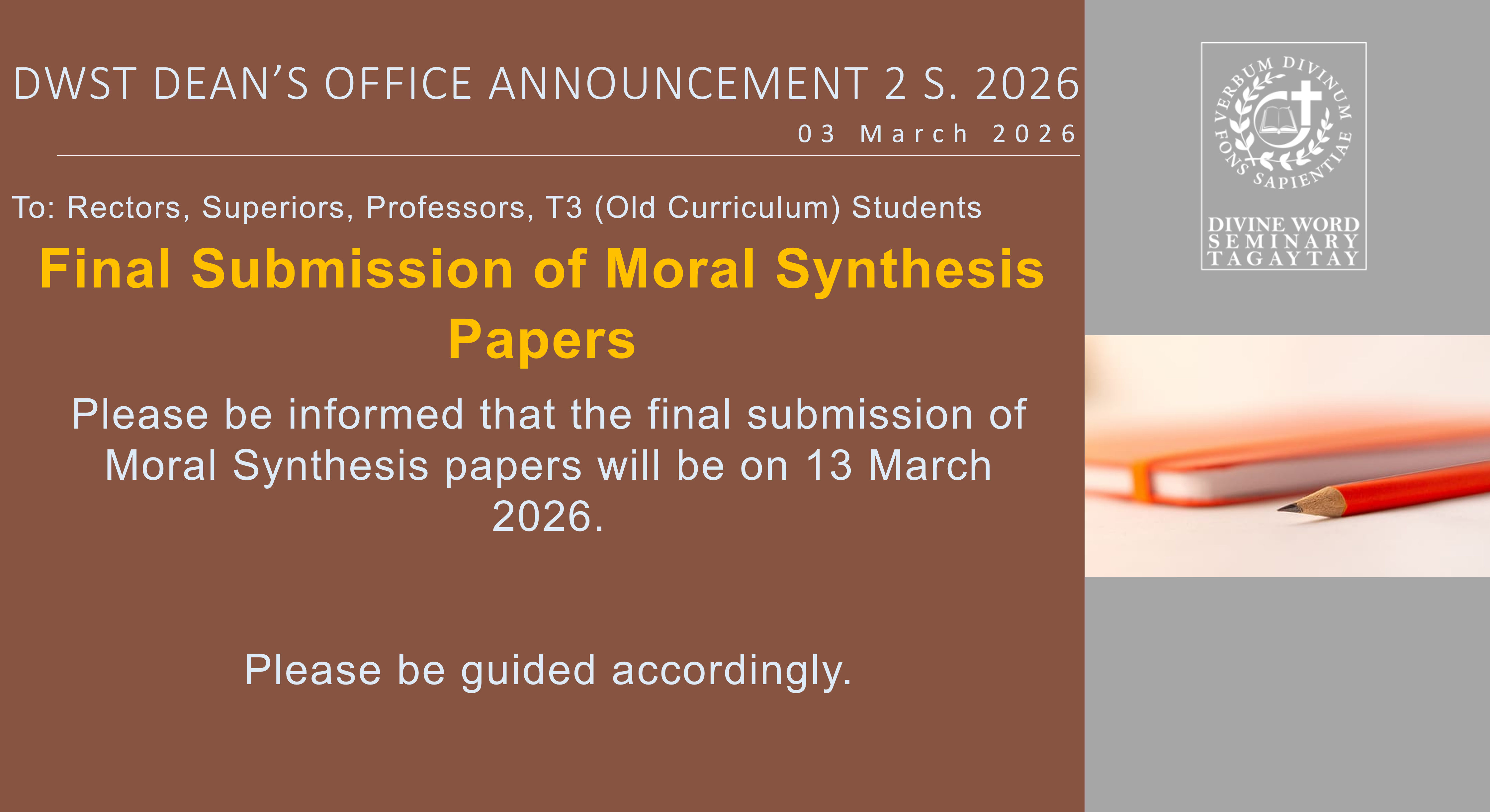 DWST DEAN’S OFFICE ANNOUNCEMENT 2 S. 2026