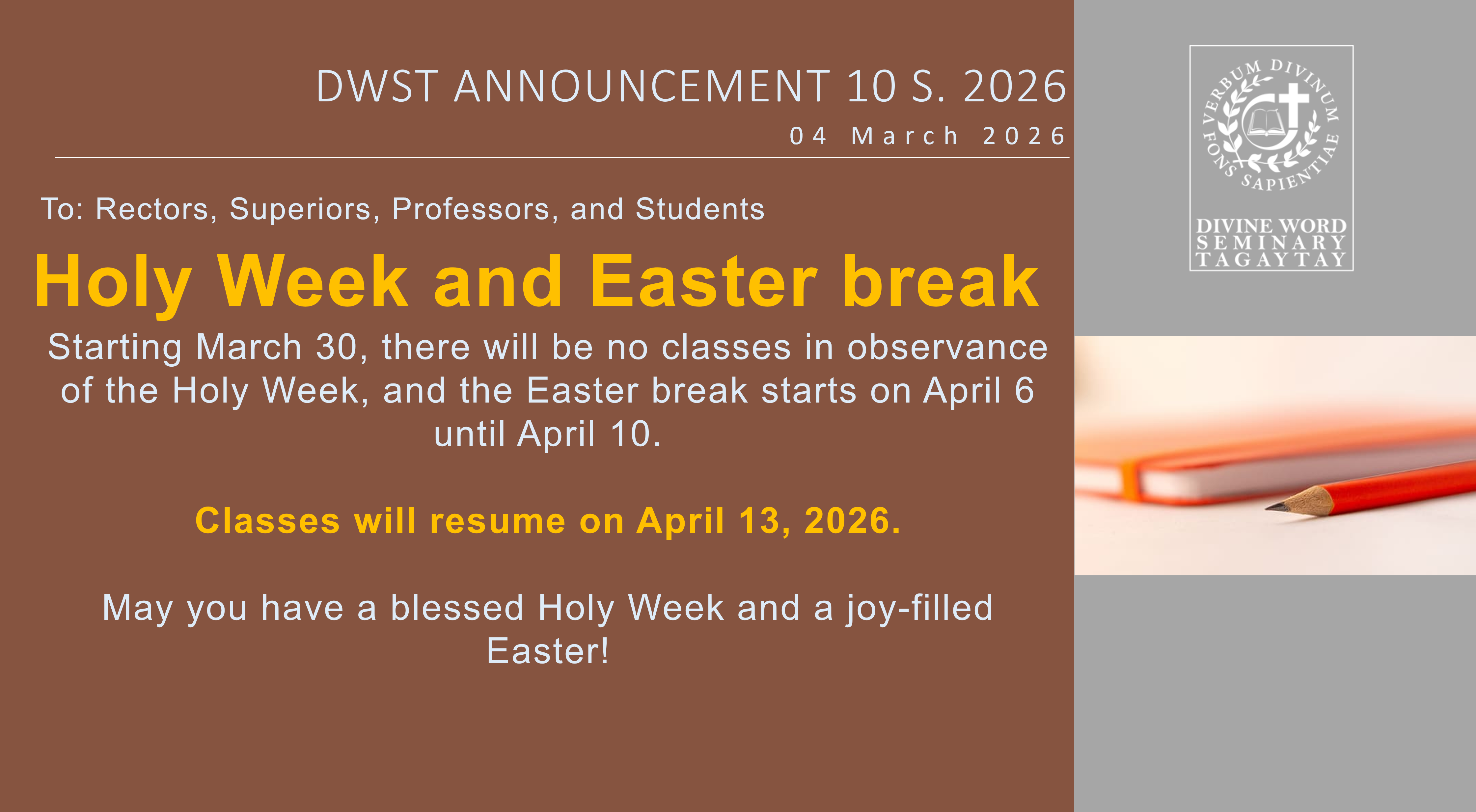 DWST ANNOUNCEMENT 10 S. 2026