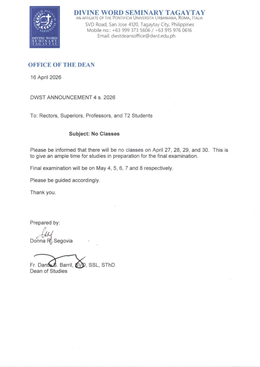 DWST Dean's Office Announcement 4 s. 2026 No Classes (T2)