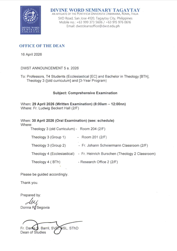 DWST DEAN'S OFFICE Announcement 5 s. 2026 Comprehensive Exam