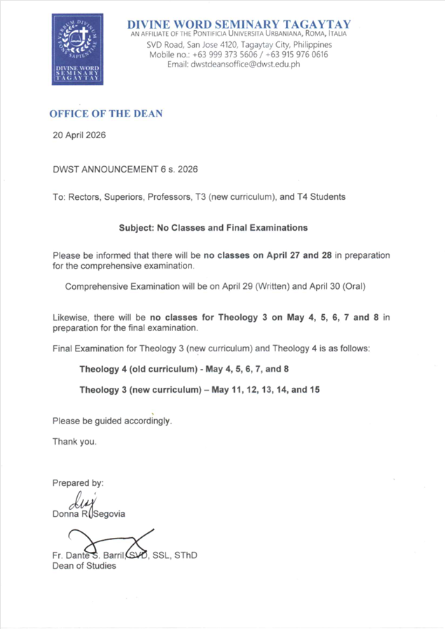 DWST DEAN'S OFFICE Announcement 6 s. 2026 No Classes and Final Examination