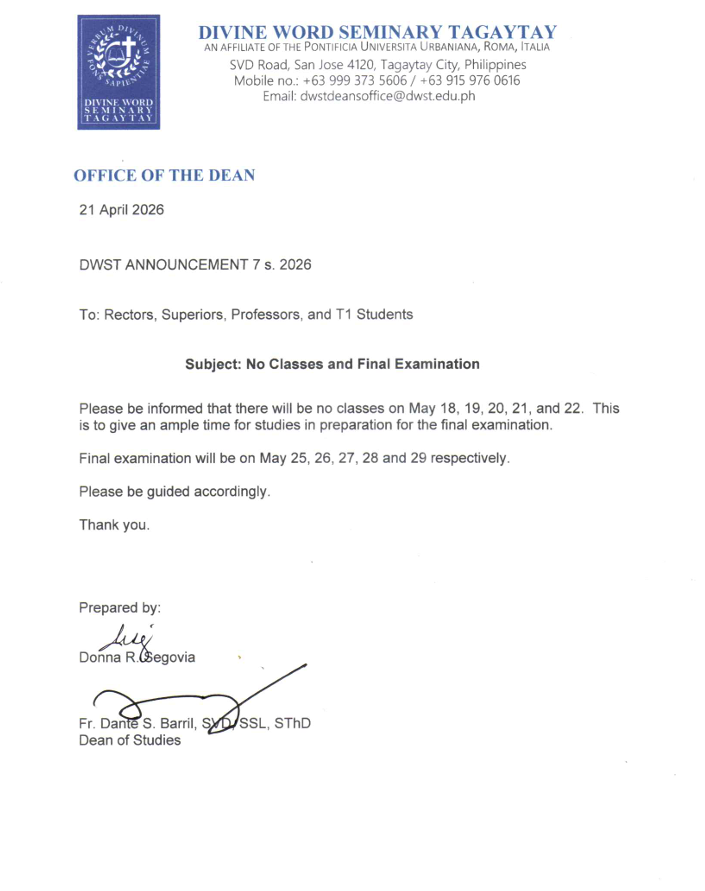 DWST DEAN'S OFFICE Announcement 7 s. 2026