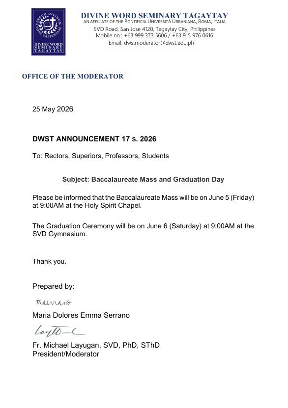 DWST ANNOUNCEMENT 17 S. 2026