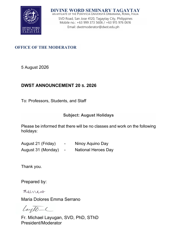 DWST ANNOUNCEMENT 20 S. 2026