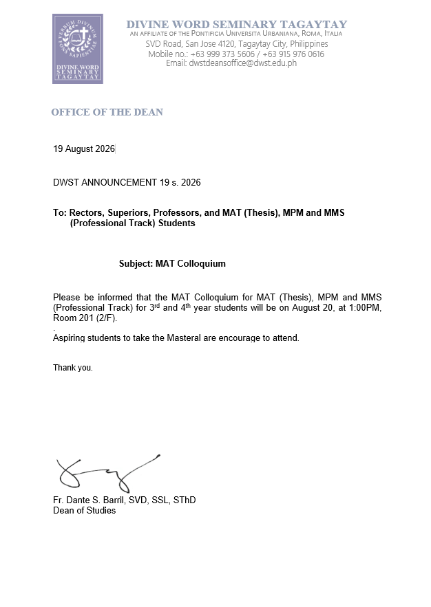 DWST DEAN'S OFFICE ANNOUNCEMENT 19 s. 2026